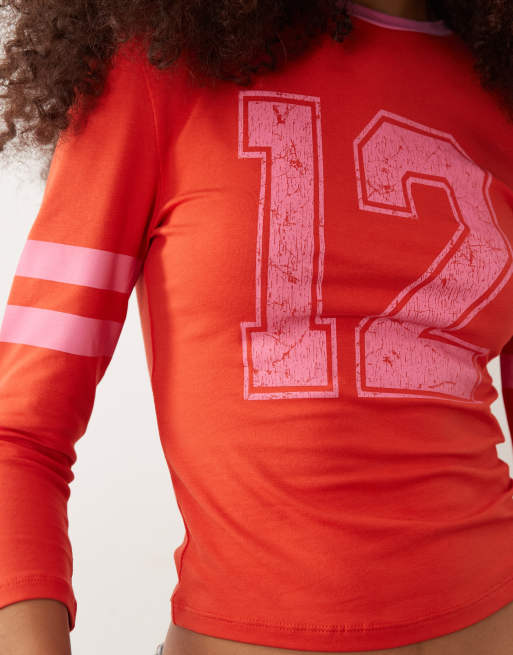 ASOS DESIGN 3/4 sleeve baby tee with varsity graphic in red and pink, 3 of 4
