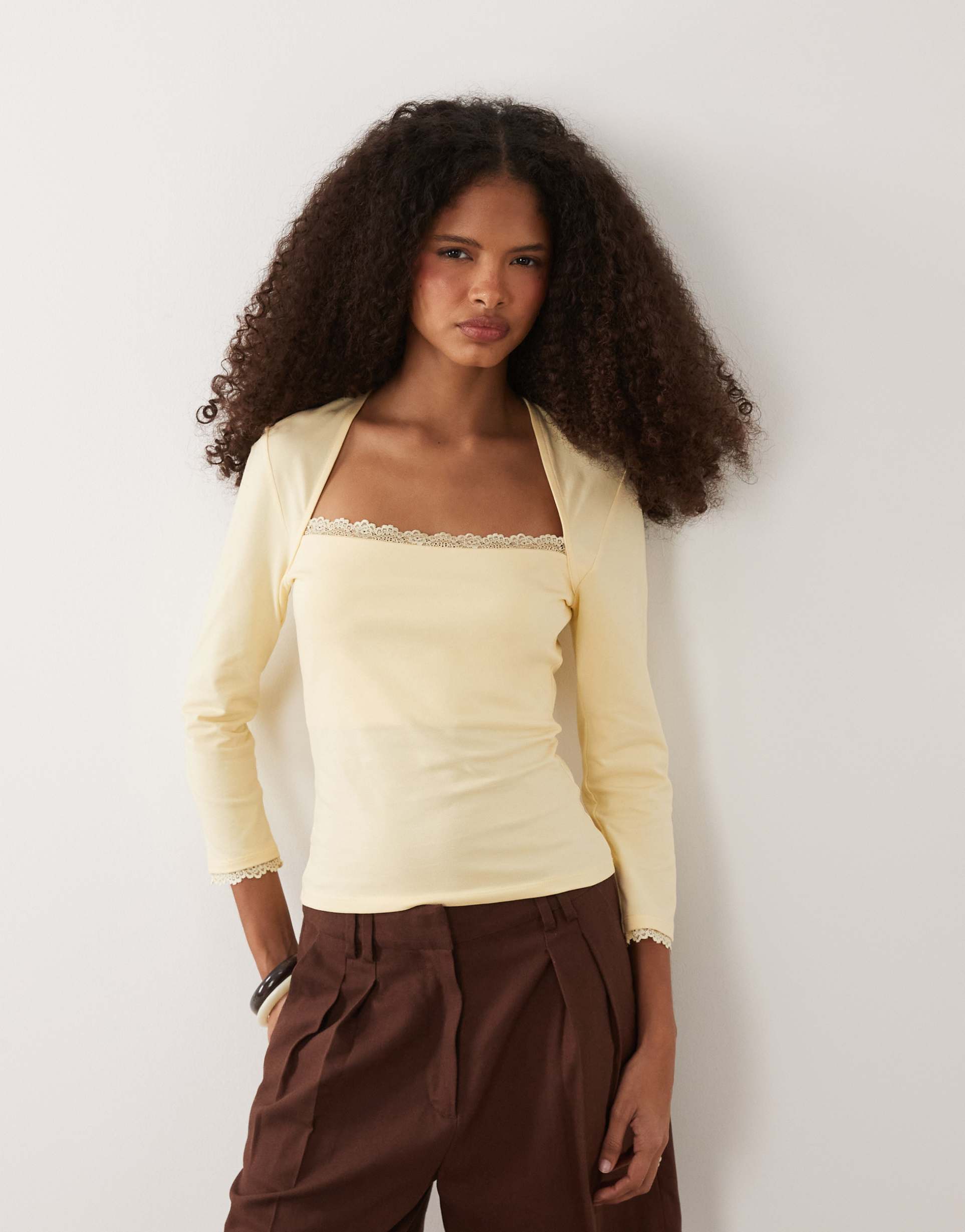 asos design 3/4 sleeve square neck top with lace hem in buttermilk