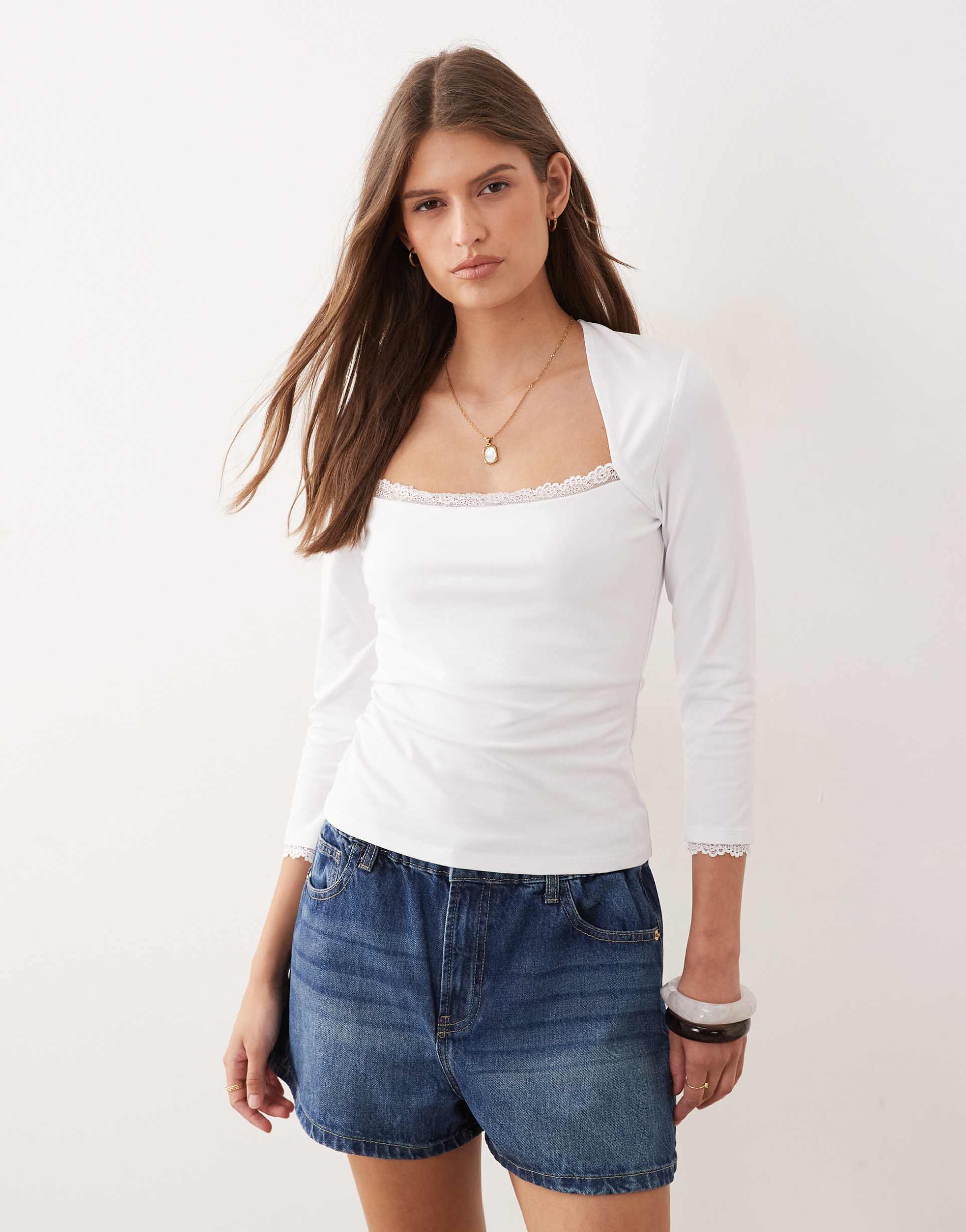 asos design 3/4 sleeve square neck top with lace hem in white