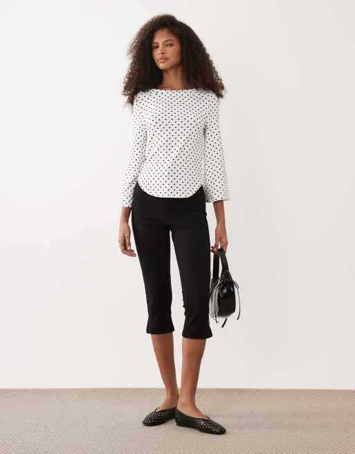 ASOS DESIGN 3/4 sleeve top with boat neck in black and white polka dots, 2 of 4