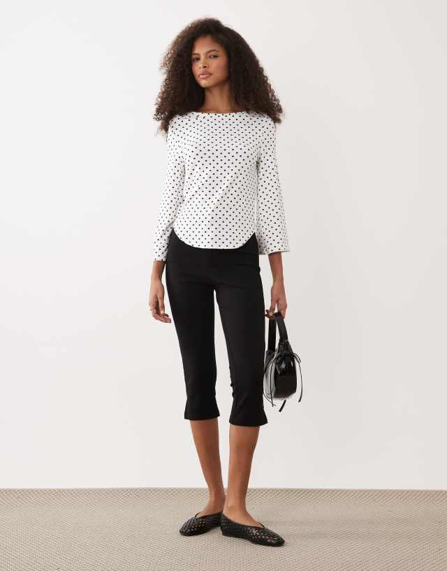 ASOS DESIGN 3/4 sleeve top with boat neck in black and white polka