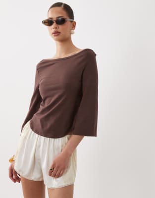 Asos Design 3/4 Sleeve Top With Boat Neck In Brown