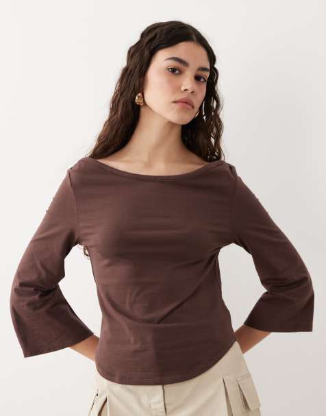 ASOS DESIGN 3/4 sleeve top with boat neck in chocolate - view 1