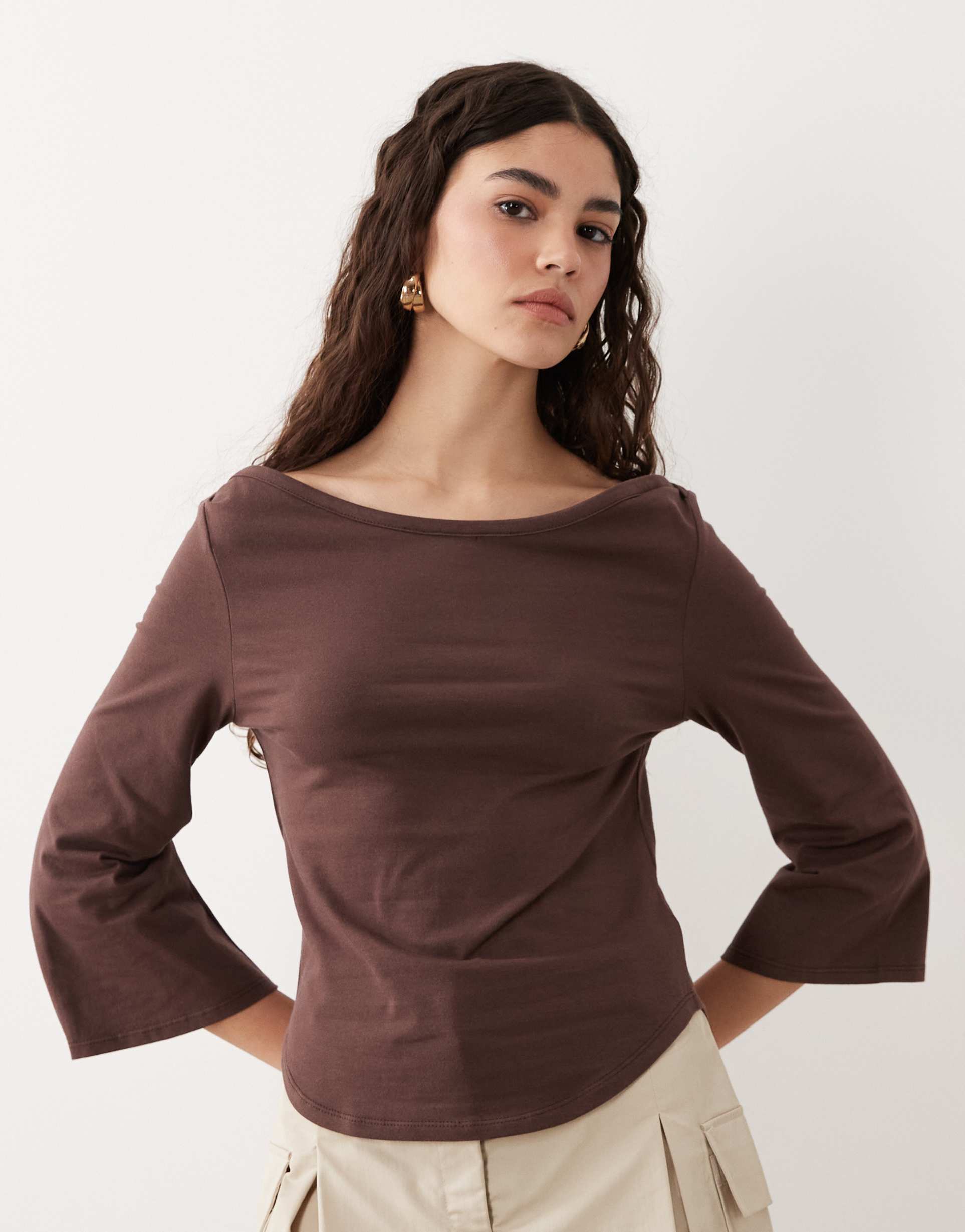asos design 3/4 sleeve top with boat neck in chocolate