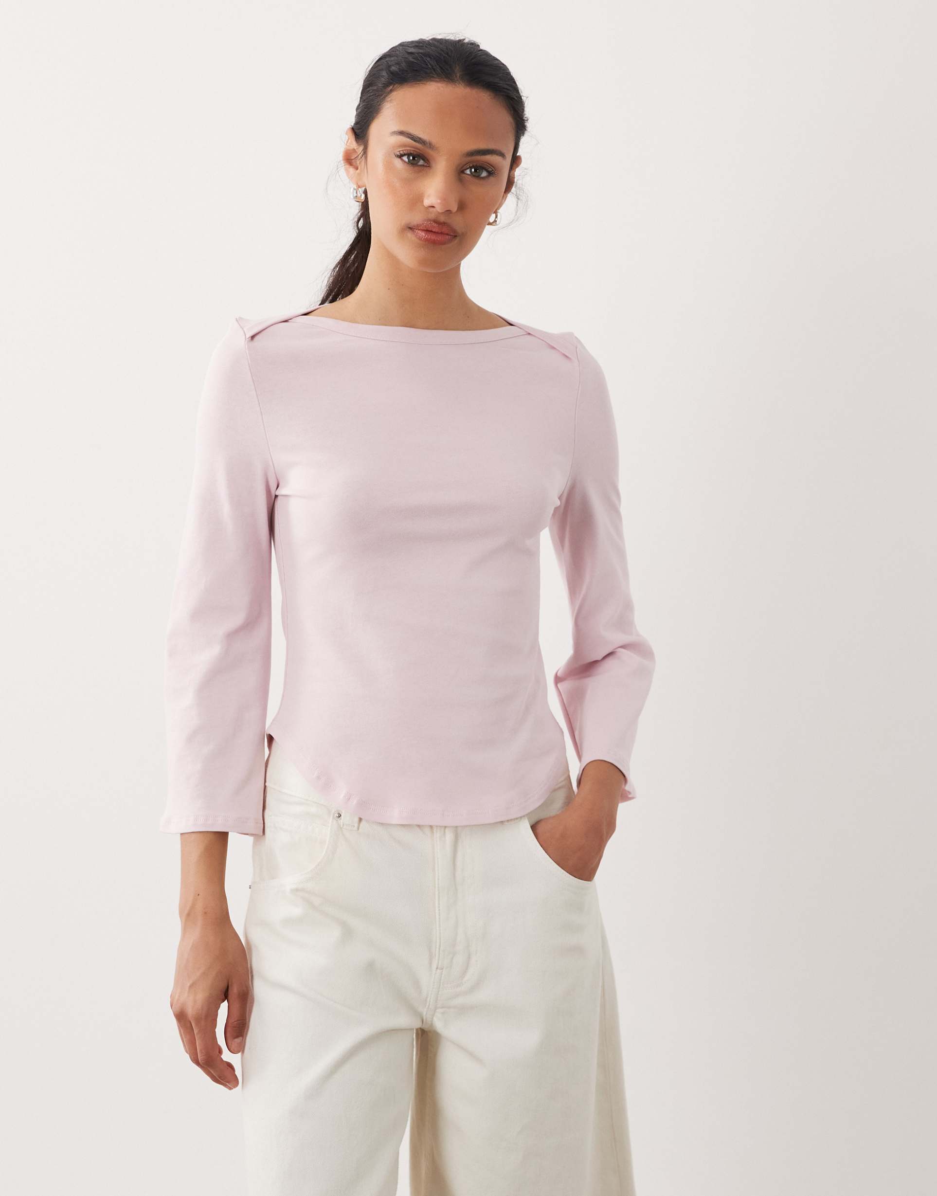asos design 3/4 sleeve top with boat neck in lilac