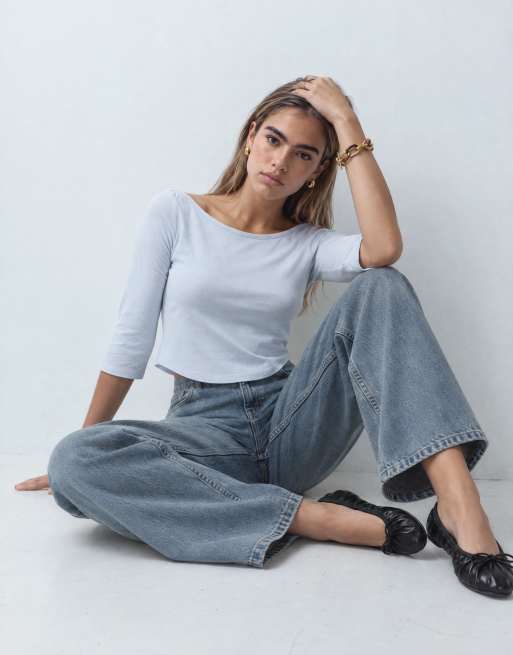ASOS DESIGN 3/4 sleeve top with boat neck in pastel blue, 5 of 8