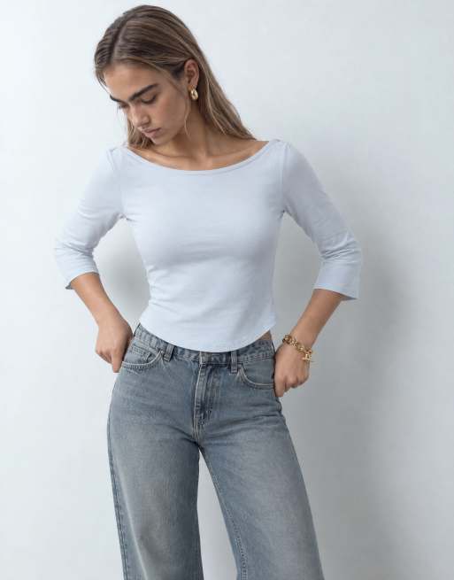 ASOS DESIGN 3/4 sleeve top with boat neck in pastel blue, 6 of 8