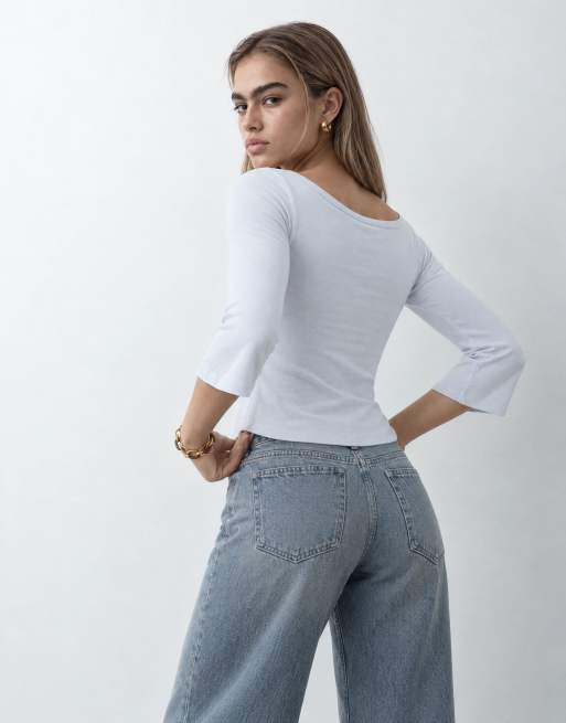 ASOS DESIGN 3/4 sleeve top with boat neck in pastel blue, 7 of 8