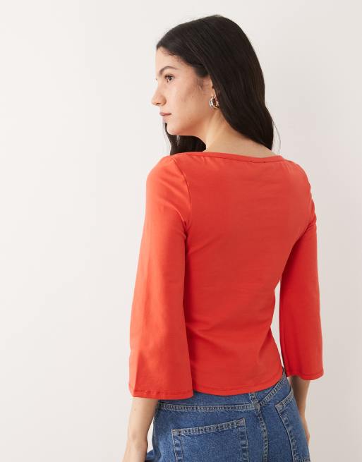 ASOS DESIGN 3/4 sleeve top with boat neck in red, 4 of 4