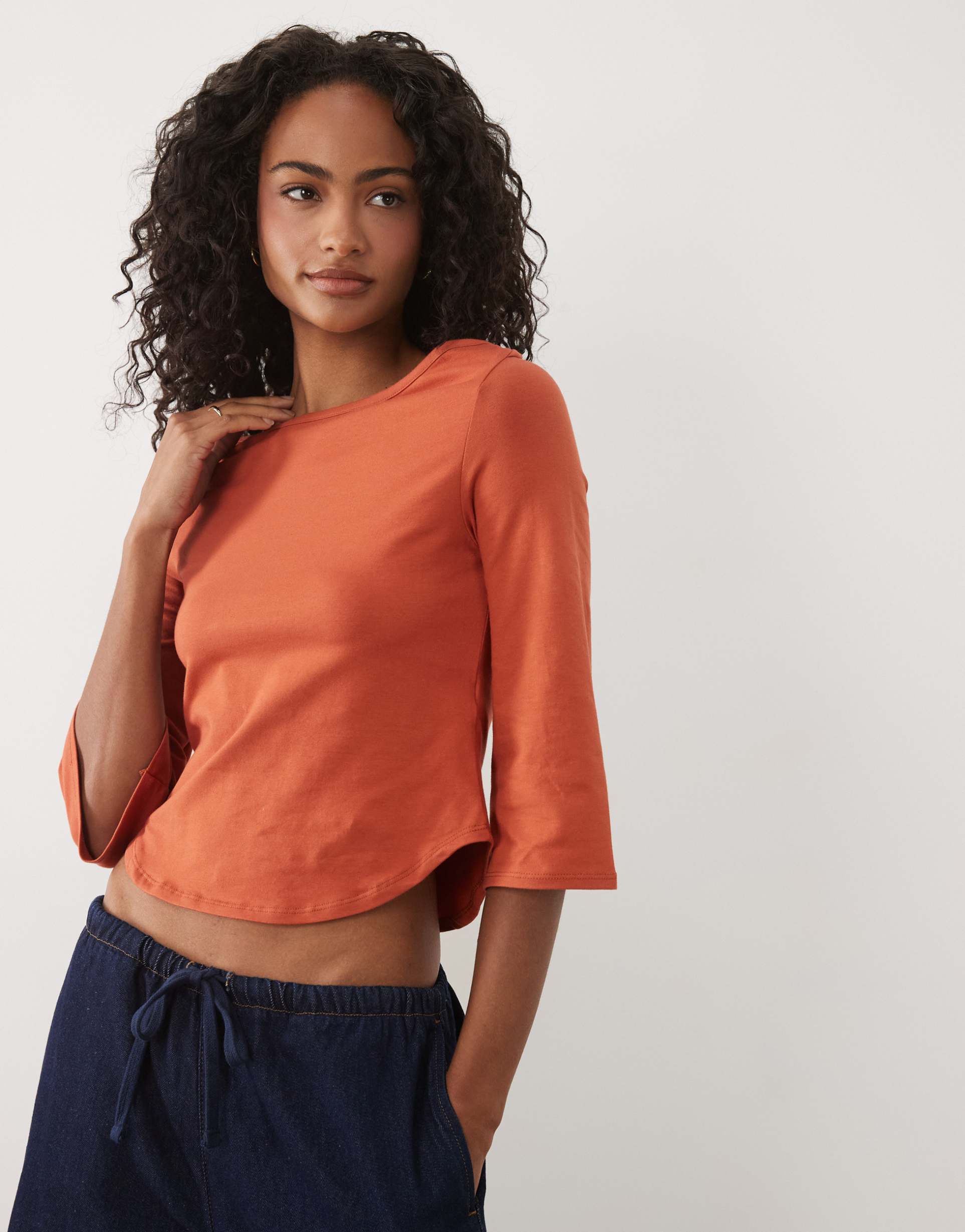 asos design 3/4 sleeve top with boat neck in rust