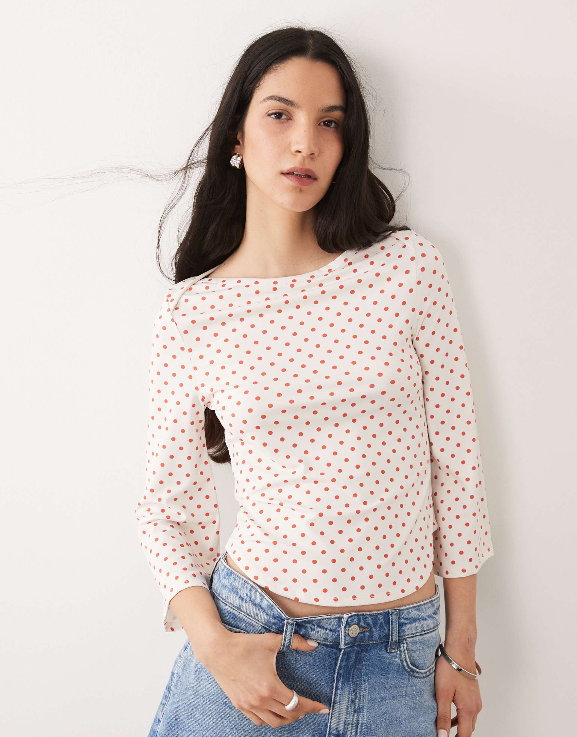 asos design 3/4 sleeve top with boat neck in white with red polka dot