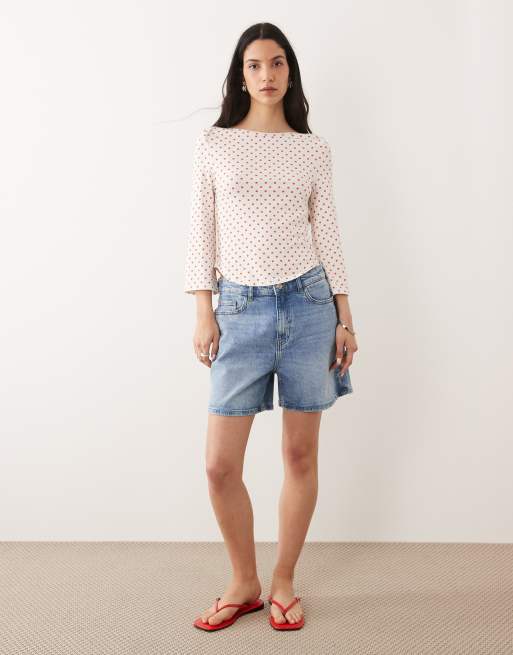 ASOS DESIGN 3/4 sleeve top with boat neck in white with red polka dot, 2 of 4