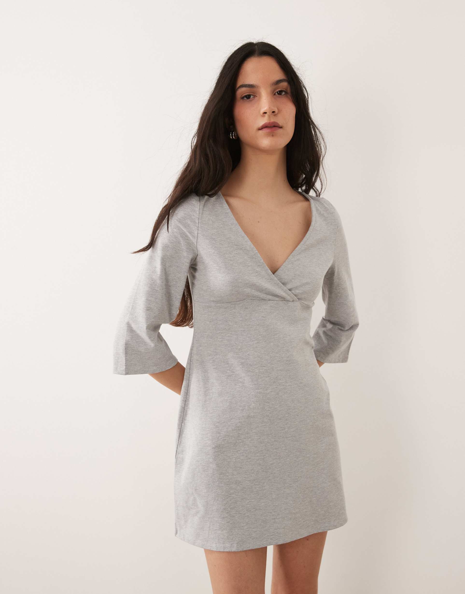 asos design 3/4 sleeve with v-neck mini dress in gray