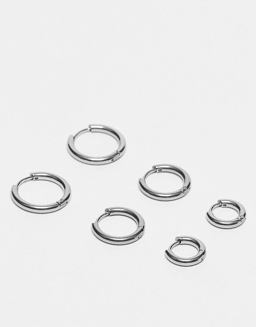 ASOS DESIGN 3 pack 9mm and 12mm and 14mm waterproof stainless steel hoop earrings pack in silver