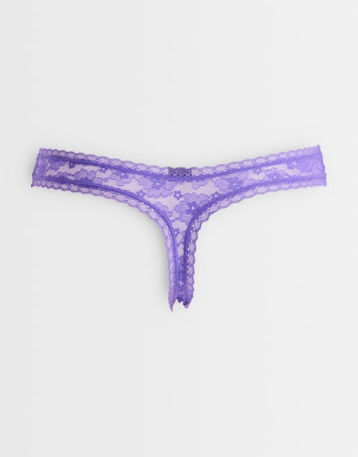 ASOS DESIGN 3 pack all over lace dipped front lingerie thong in aqua, red & purple, 2 of 3