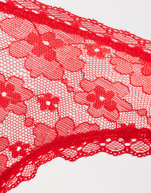 ASOS DESIGN 3 pack all over lace dipped front lingerie thong in aqua, red & purple, 3 of 3