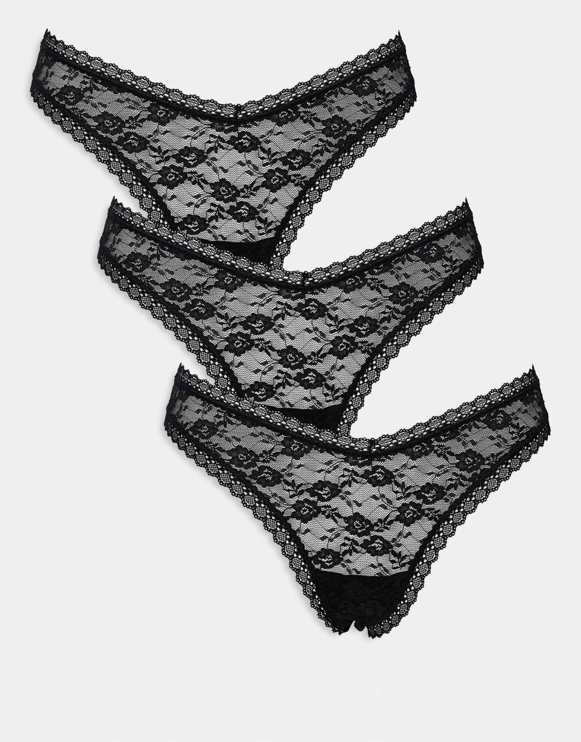 asos design 3 pack all over lace dipped front thong in black