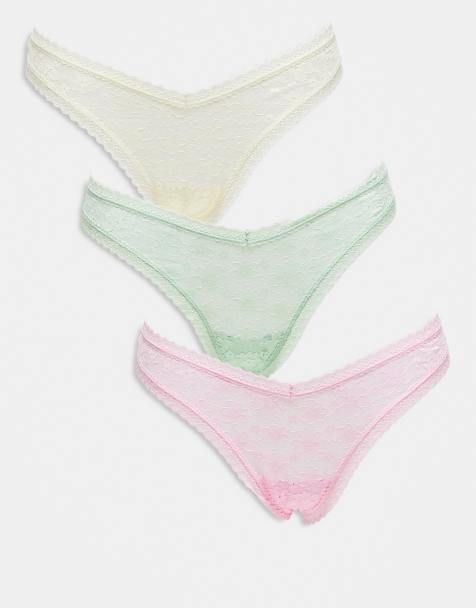 ASOS DESIGN 3 pack all over lace dipped front thong in pastels - view 1