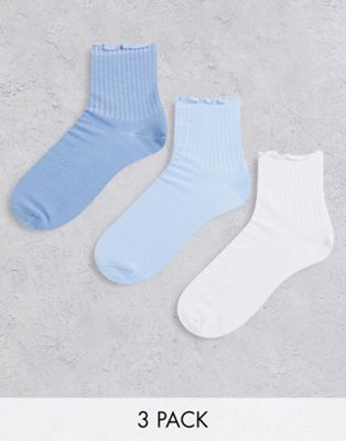 ASOS DESIGN 3 pack ankle length socks with frill in tonal blue