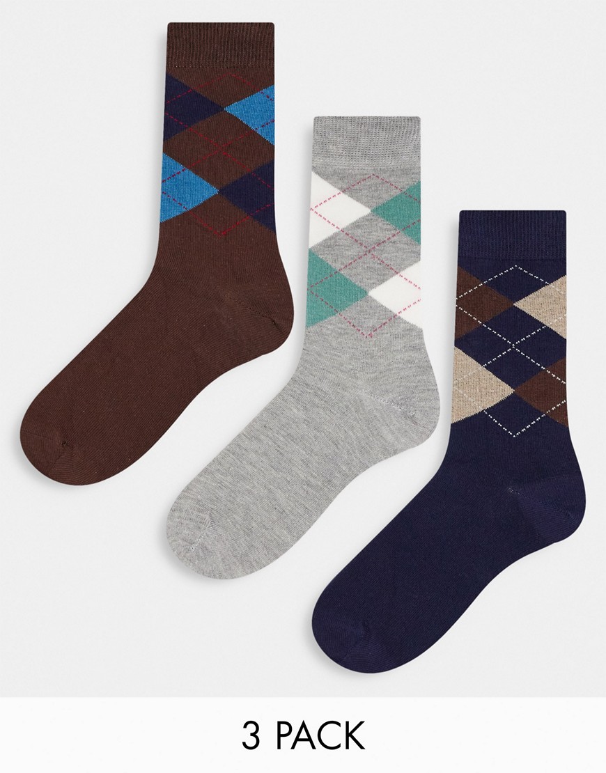ASOS DESIGN 3 pack ankle socks in argyle check in gray
