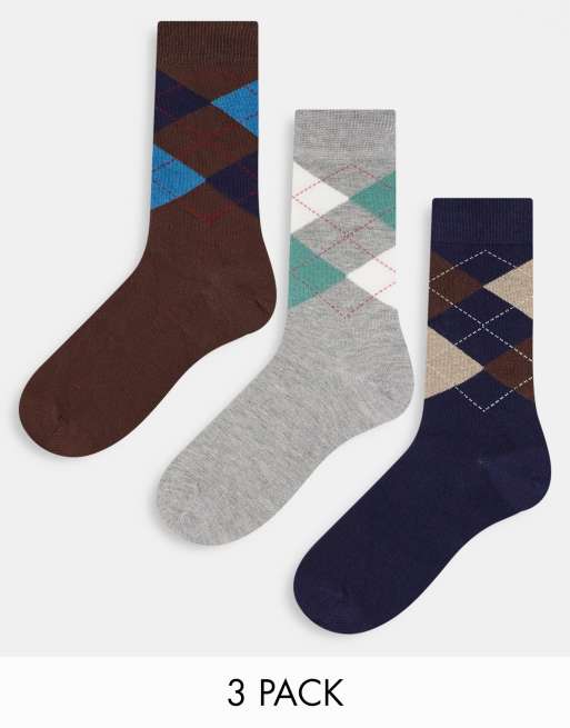 ASOS DESIGN 3 pack ankle socks in argyle check in grey