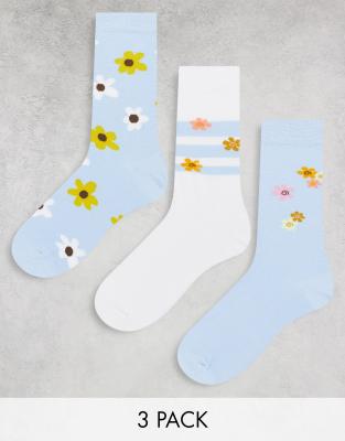 Asos Design 3 Pack Ankle Socks In Gray With Flowers