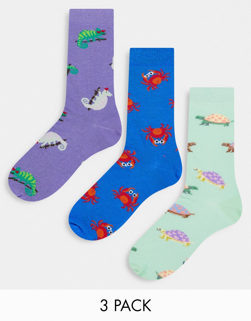 ASOS DESIGN 3 pack ankle socks with animal print-Multi