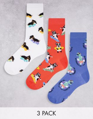 ASOS DESIGN 3 pack ankle socks with dogs and crocodiles