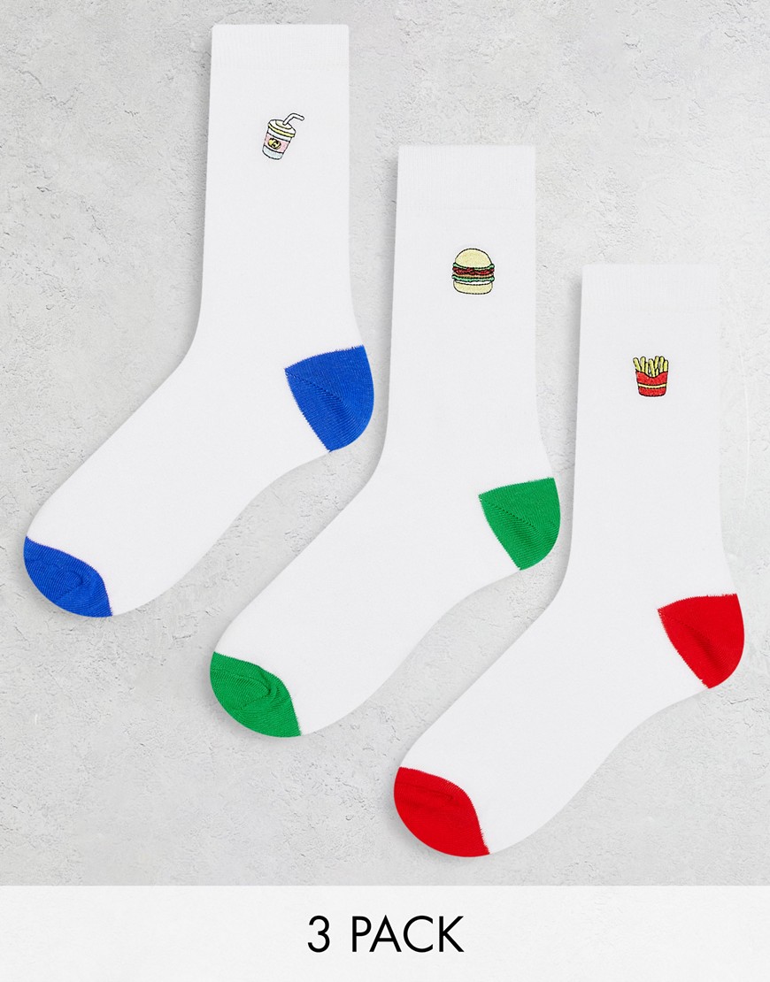 ASOS DESIGN 3-pack ankle socks with food embroidery in white