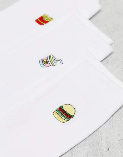 ASOS DESIGN 3 pack ankle socks with food embroidery in white | ASOS