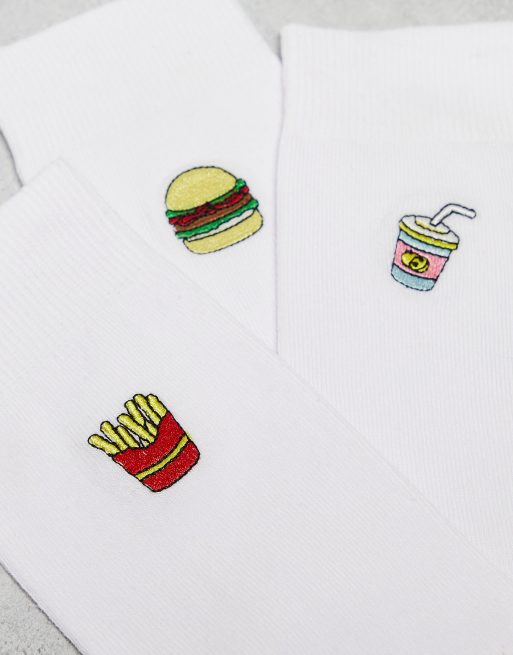 ASOS DESIGN 3 pack ankle socks with food embroidery in white | ASOS