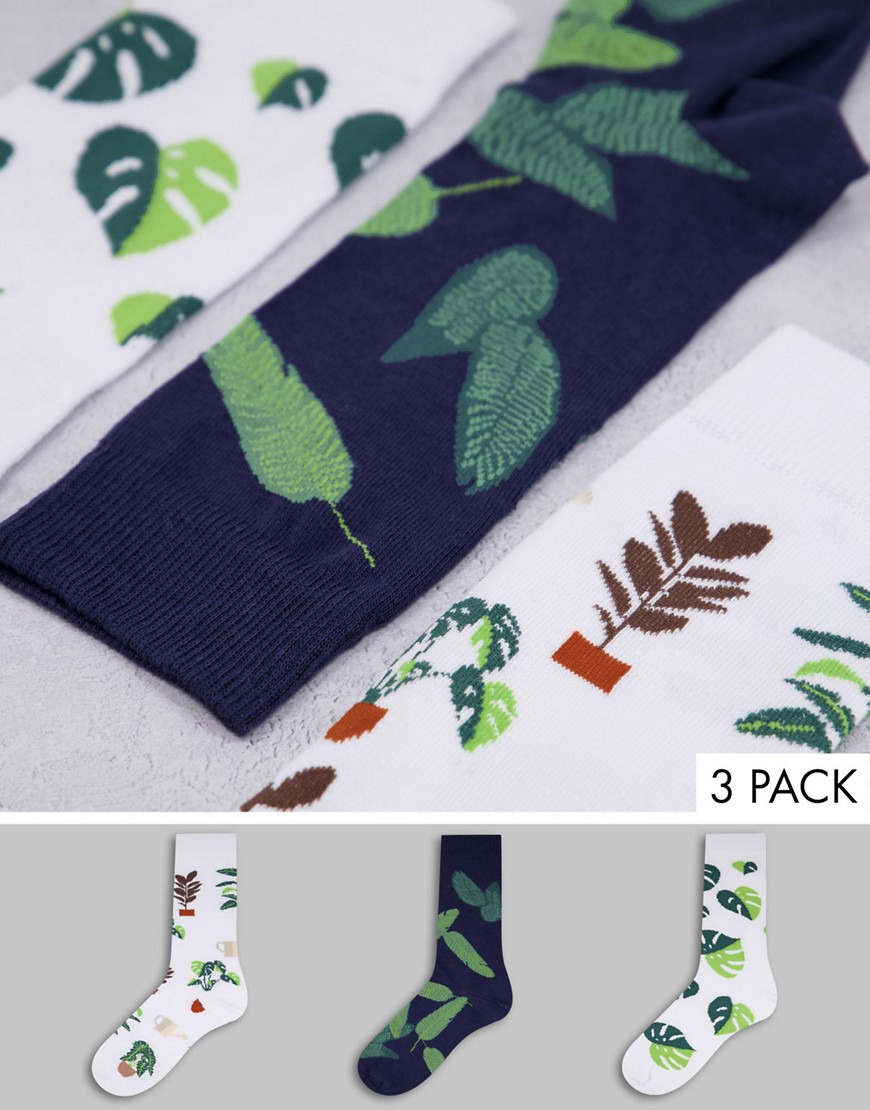 ASOS DESIGN 3 pack ankle socks with plant designs-Multi