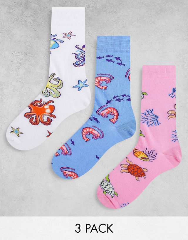 ASOS DESIGN 3 pack ankle socks with sea animal print