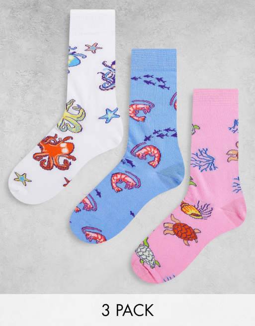 ASOS DESIGN 3 pack ankle socks with sea animal print | ASOS