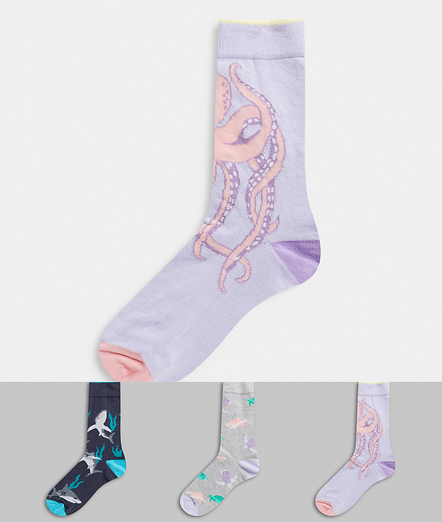 ASOS DESIGN 3 pack ankle socks with sea creatures-Multi