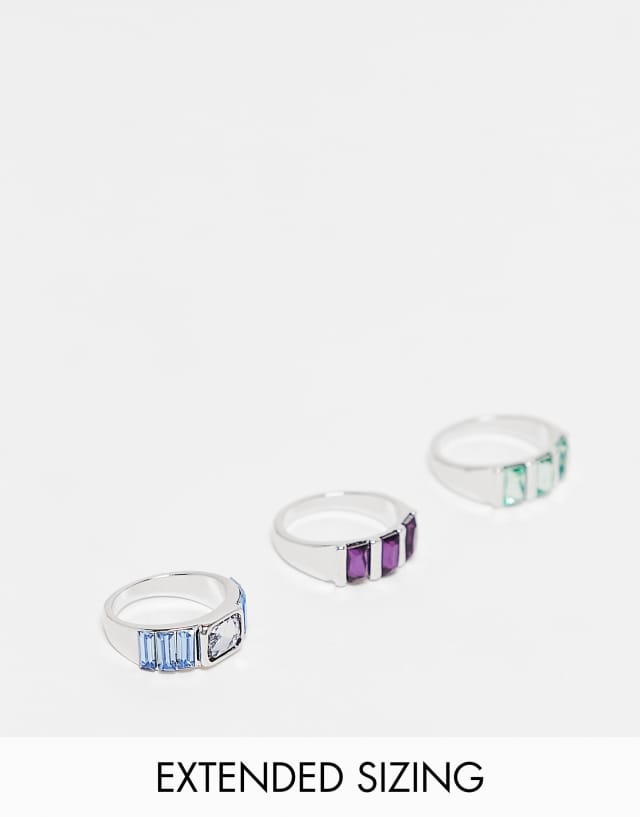 ASOS DESIGN 3 pack baguette ring set with multicolor crystals in silver tone