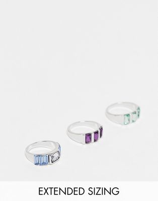 ASOS DESIGN 3 pack baguette ring set with multicolour crystals in silver tone