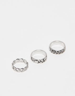 ASOS DESIGN 3 pack band ring set with chain detail and texture in burnished silver tone
