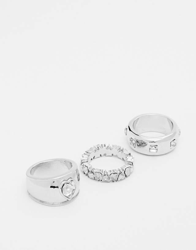 ASOS DESIGN 3 pack band ring set with crystals in silver tone