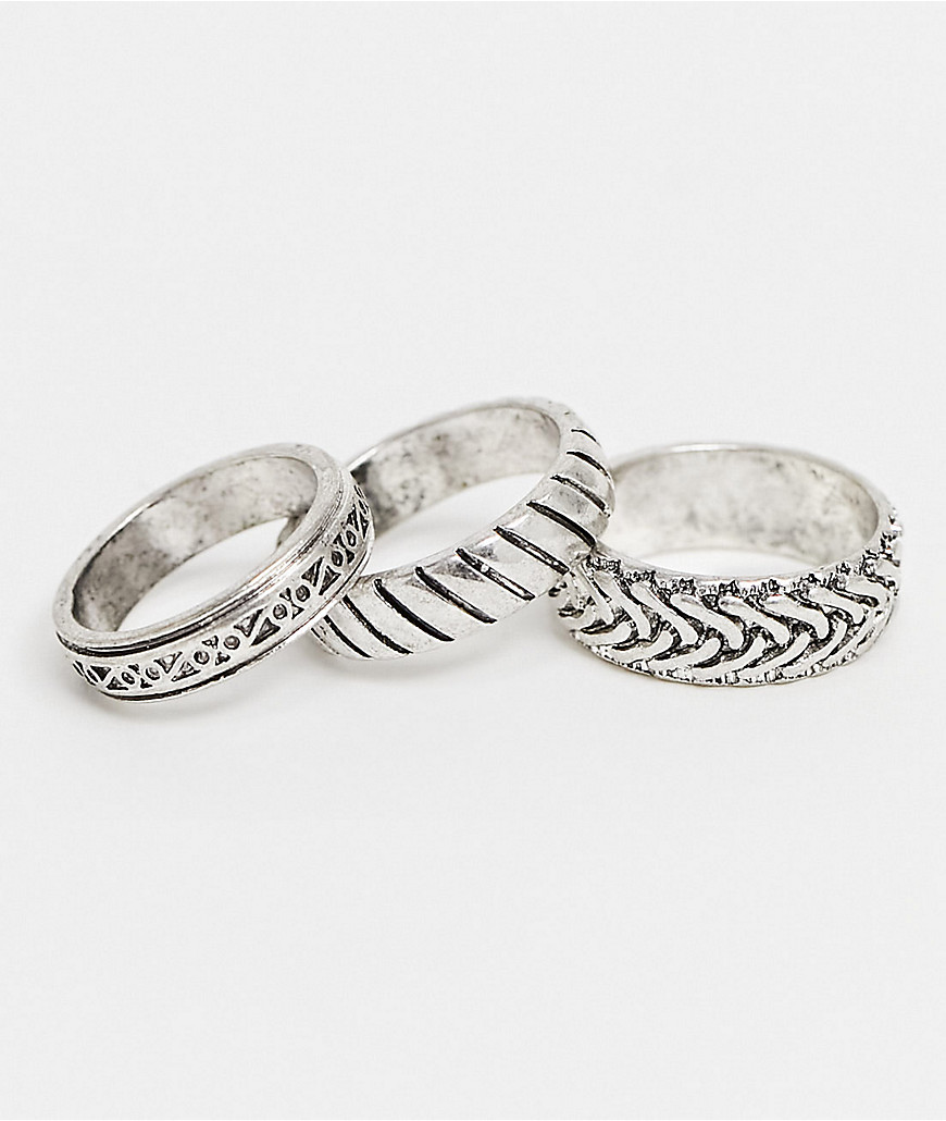 3 pack band ring set with embossing in burnished silver tone