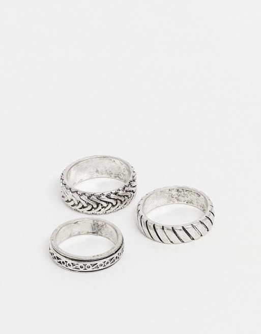 ondergronds Haalbaar bonen ASOS DESIGN 3 pack band ring set with embossing in burnished silver tone |  ASOS