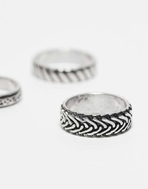 ASOS DESIGN 3 pack band ring set with embossing in burnished silver tone - SILVER