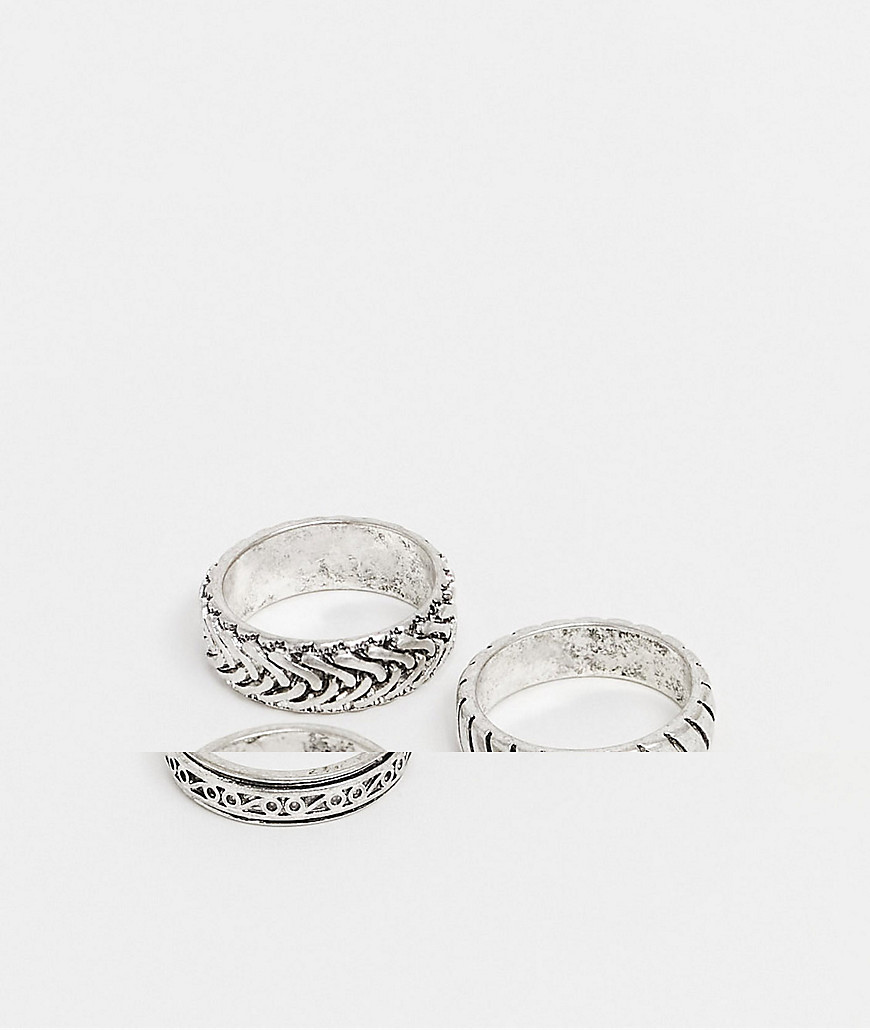 ASOS DESIGN 3 pack band ring set with embossing in burnished silver tone