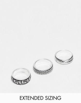 ASOS DESIGN 3 pack band ring set with engraved greek wave and rope texture in burnished silver tone