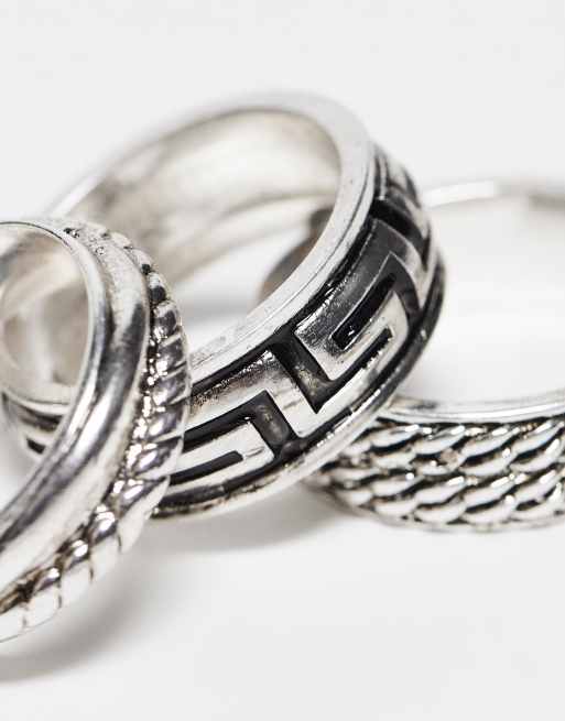 ASOS DESIGN 3 pack band ring set with engraved greek wave and rope texture  in burnished silver tone