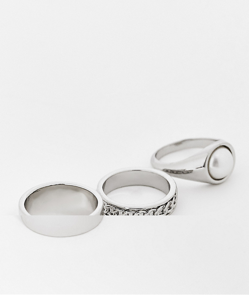ASOS DESIGN 3 pack band ring set with stone in silver tone