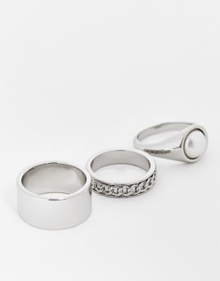 ASOS DESIGN 3 pack band ring set with embossing in burnished silver tone