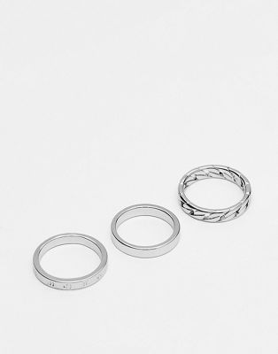 ASOS DESIGN 3 pack band rings with chain and roman numeral design in silver tone