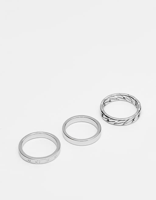ASOS DESIGN 3 pack band rings with chain and roman numeral design in silver tone