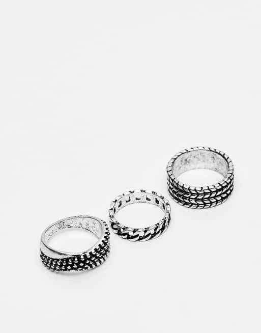 ASOS DESIGN 3 pack band ring set with embossing in burnished silver tone